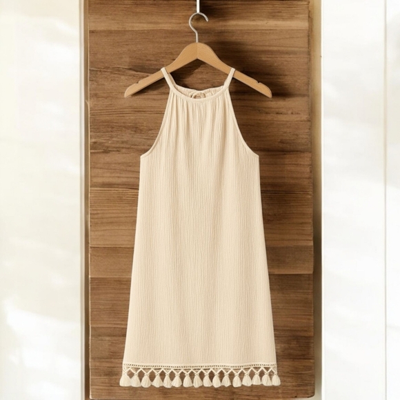 Boho Chic Cream Halter Tassel Mini Dress | Relaxed Fit Plus Size Summer Dress - Picture 12 of 12